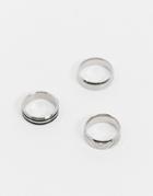 Asos Design 3 Pack Waterproof Stainless Steel Band Ring Set In Silver Tone