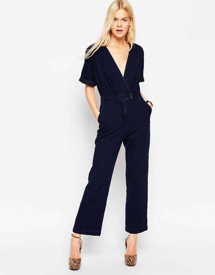 Asos Textured Denim Jumpsuit - Darkwash Blue