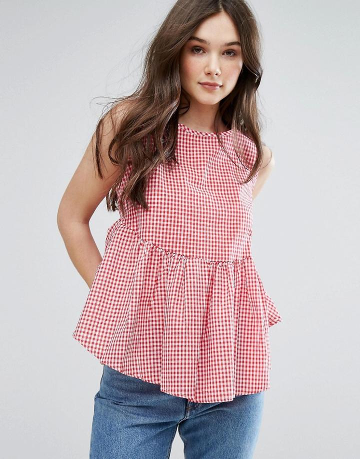 Qed London Gingham Peplum Top - Red