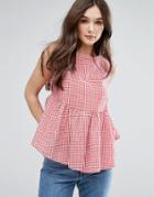 Qed London Gingham Peplum Top - Red