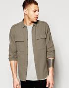 Asos Stone Military Shirt In Regular Fit Linen Mix With Long Sleeves - Stone