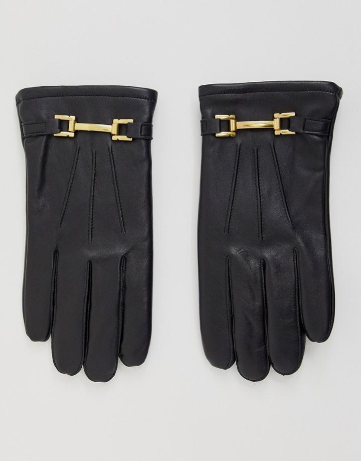 Asos Design Leather Gloves In Black With Gold Metal Details - Black