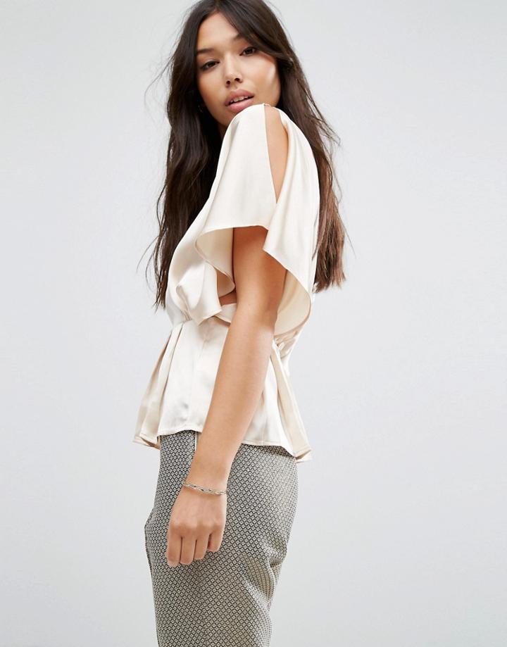 Asos Kimono Sleeve Blouse In Satin - Beige