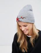 7x Floral Embroidered Beanie Hat - Gray
