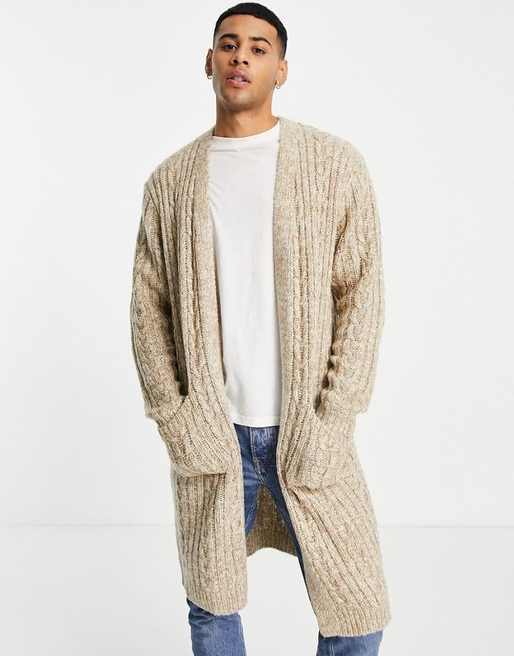 Asos Design Cable Knit Longline Cardigan In Oatmeal-neutral