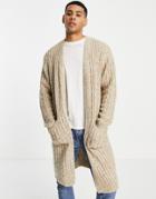 Asos Design Cable Knit Longline Cardigan In Oatmeal-neutral