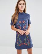 Fashion Union Shift Dress With Embroidery - Navy