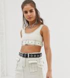 One Above Another Super Crop Top With Buckle Belt In Contrast Stitch Denim Two-piece - White