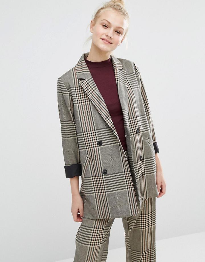 Monki Tailored Oversized Check Blazer - Brown