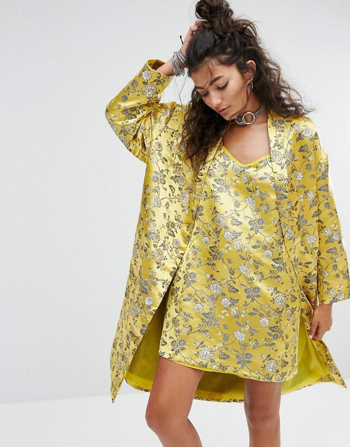 One Above Another Kimono In Brocade Co-ord - Yellow
