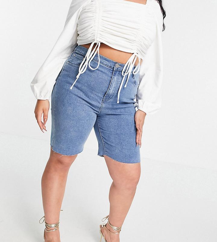 In The Style Plus X Olivia Bowen Exclusive Cut Off Denim Longline Shorts In Blue-blues