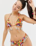 Asos Design Recycled Fringe Trim Triangle Bikini Top In Paradise Floral Stripe Print - Multi