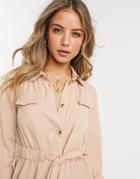 Miss Selfridge Shirt Dress With Drawstring Waist In Camel-brown