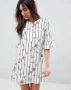 Yumi Frill Sleeve Shift Dress In Stripe Floral Print-white