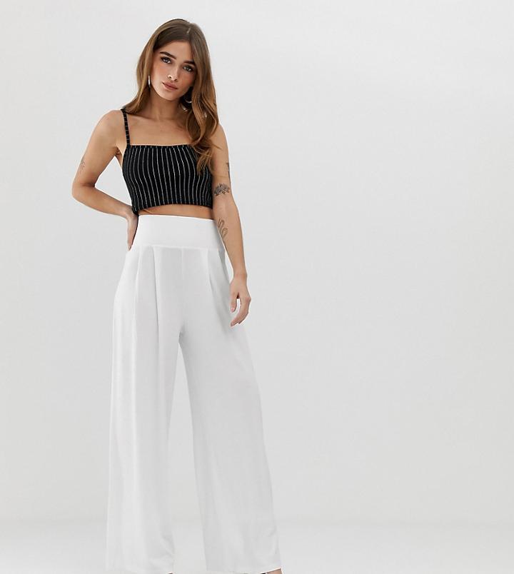 Asos Design Petite Wide Leg Pants With Deep Waistband-white