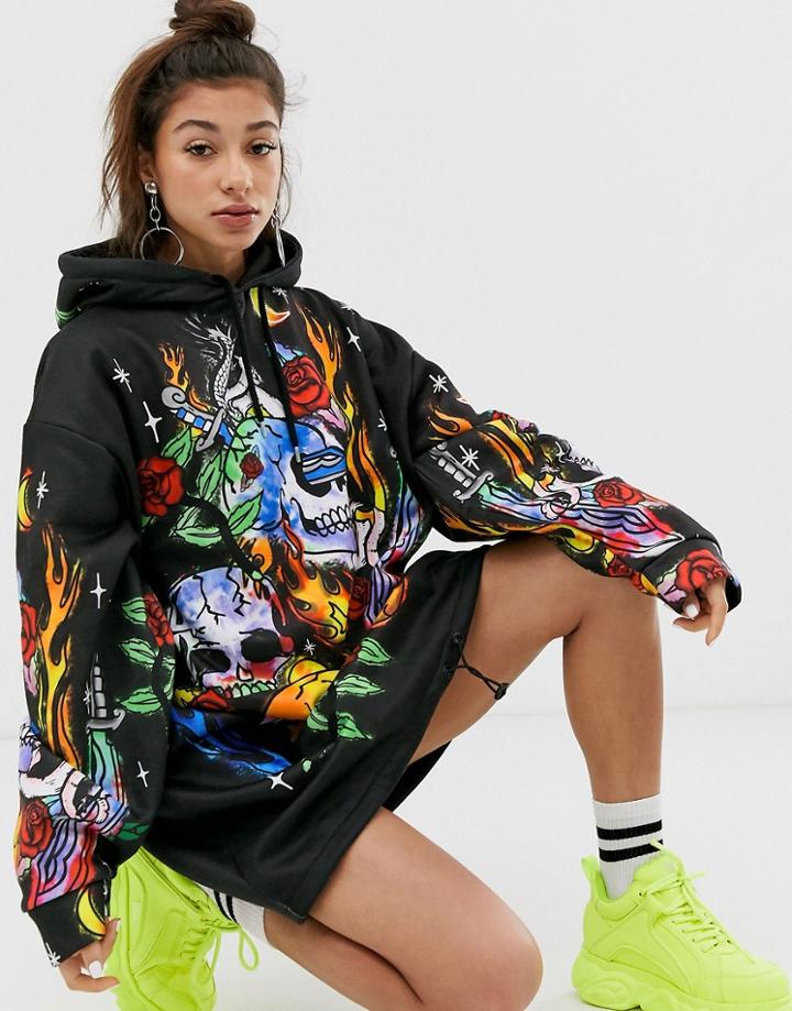 Jaded London Oversized Hoodie Dress With Flames & Skulls Print-black