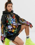 Jaded London Oversized Hoodie Dress With Flames & Skulls Print-black
