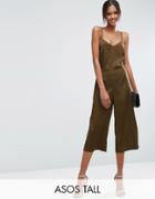 Asos Tall Satin Cami Jumpsuit With Strap Back Detail - Green