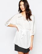 Lavand 3/4 Sleeve Belted Top With Lace Detail - W