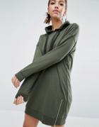 Daisy Street Longline Hooded Dress With Side Zip Detail - Green