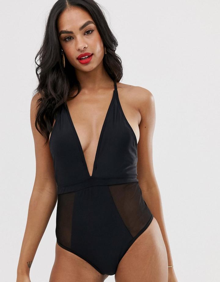 Vero Moda Deep V Neck Cross Back Swimsuit - Black