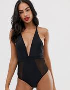 Vero Moda Deep V Neck Cross Back Swimsuit - Black
