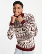 Asos Design Knitted Christmas Sweater With Fairisle Stag In Red