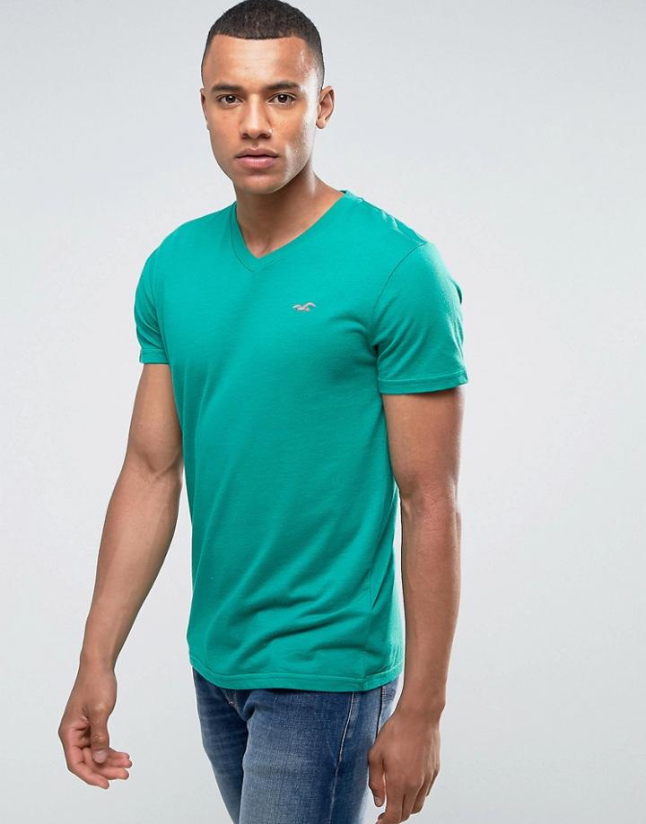 Hollister Slim Fit V-neck T-shirt In Green With Seagull Embroidered Logo - Green