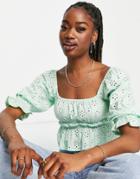 Asos Design Contrast Eyelet Top With Volume Sleeve In Mint-green