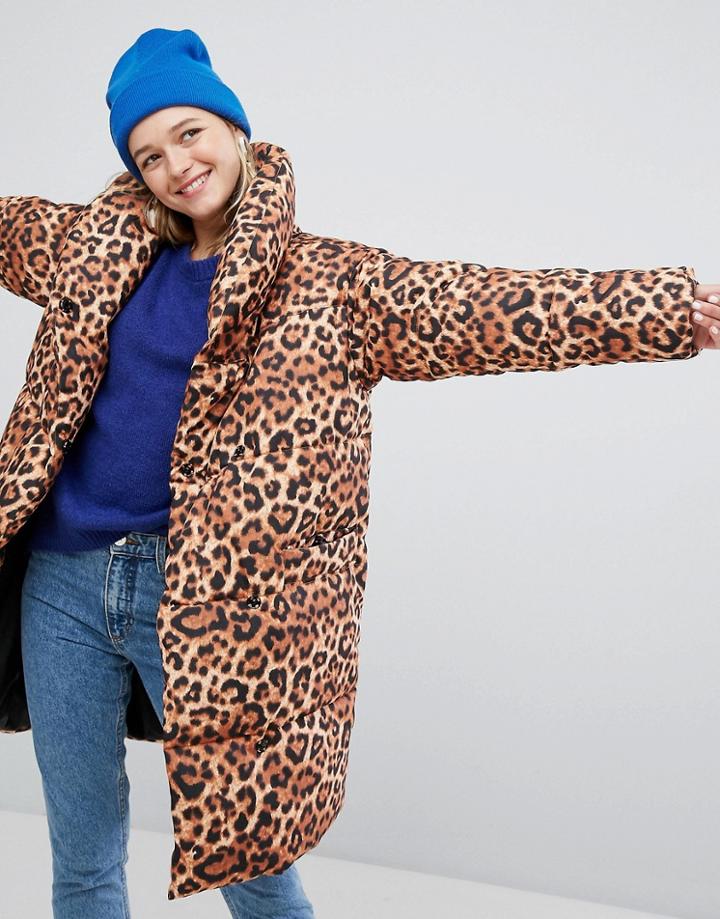 Monki Leopard Print Padded Oversized Coat - Multi