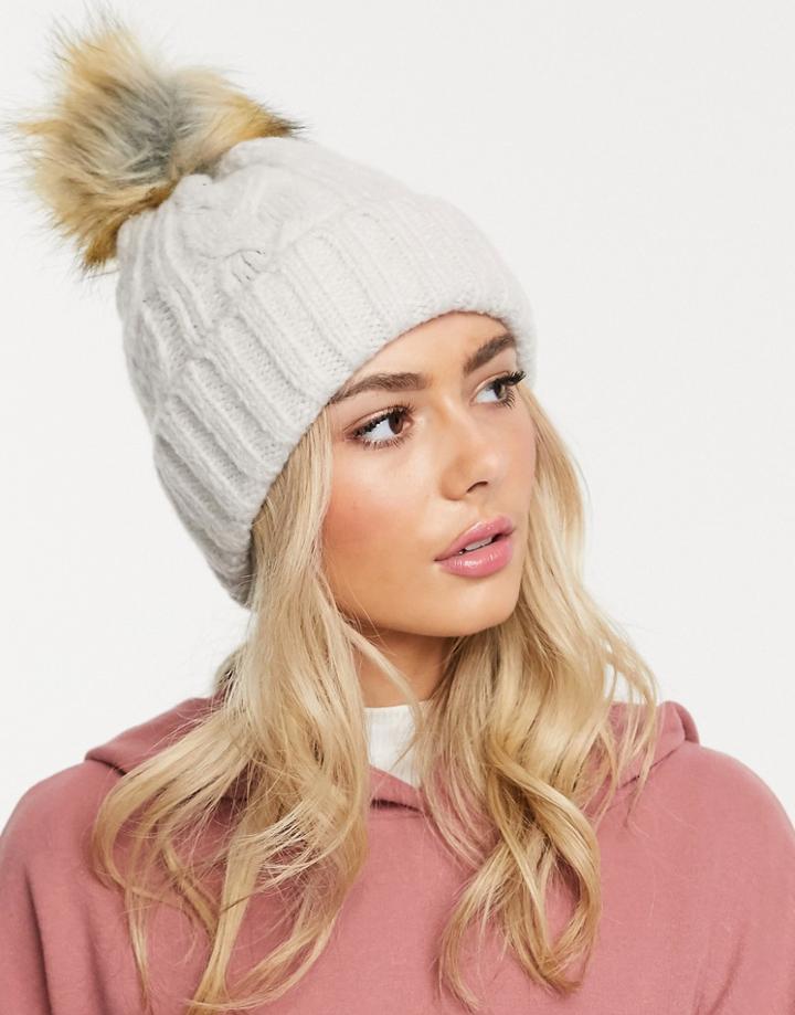 Asos Design Cable Faux Fur Pom Beanie In Marl-beige