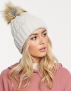 Asos Design Cable Faux Fur Pom Beanie In Marl-beige
