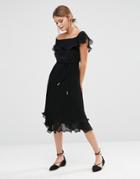 Oasis Pleated Ruffle Bardot Midi Dress - Black