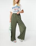 Asos Design Satin Wide Leg Pants With Tie Waist In Khaki-green