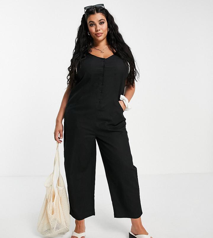 Asos Design Curve Button Front Linen Minimal Chuck On Jumpsuit In Black