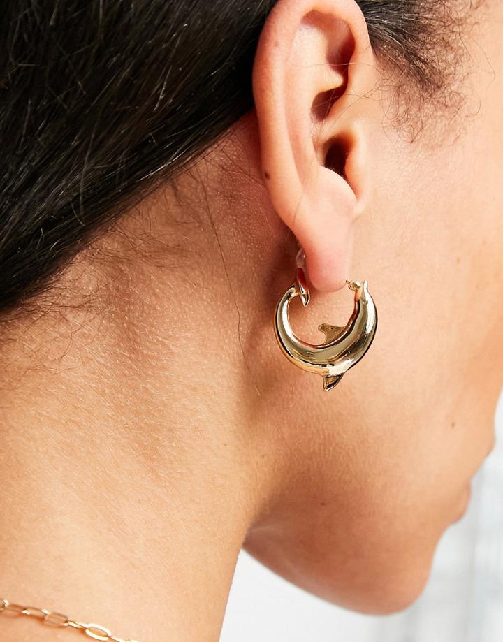 Asos Design Hoop Earrings In Dolphin Design In Gold Tone