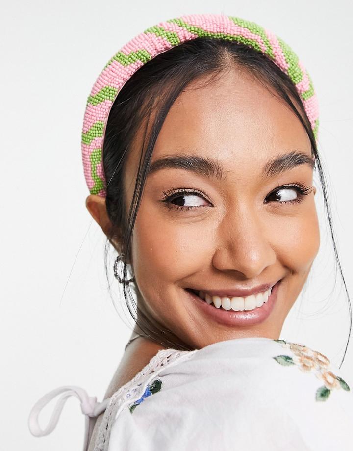 Asos Design Padded Headband With Seed Bead Swirl Print In Multi