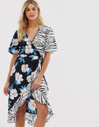 Influence Midi Wrap Dress In Floral Zebra Print Mix - Multi