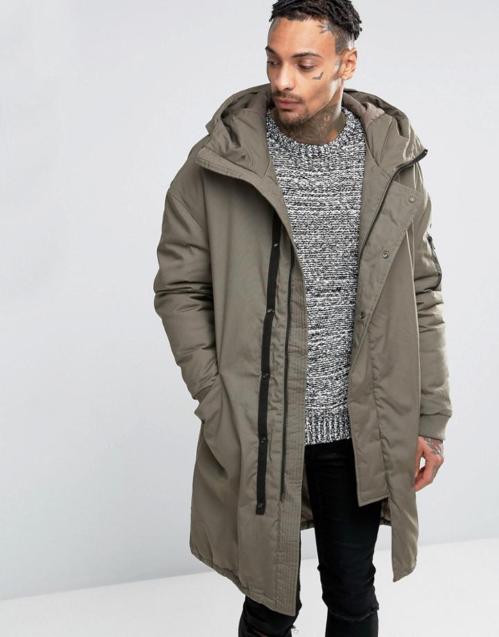 Pull & Bear Longline Parka With Hood In Khaki - Beige