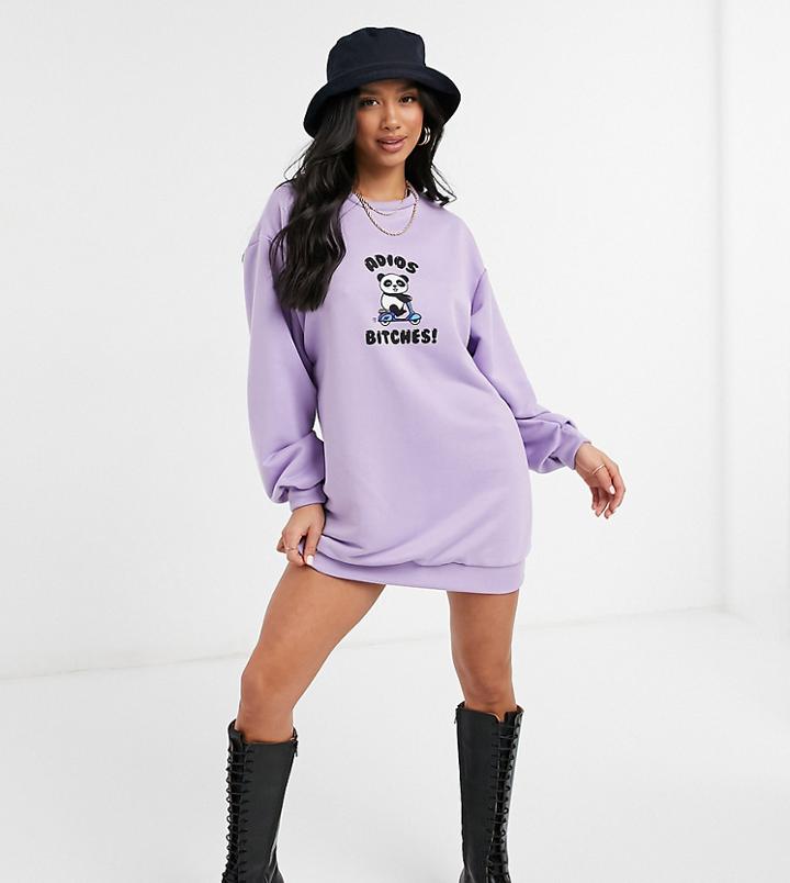 Asos Design Petite Oversized Mini Sweat Dress With Panda Adios Logo In Lilac-purple
