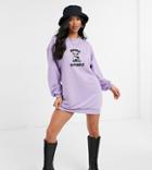Asos Design Petite Oversized Mini Sweat Dress With Panda Adios Logo In Lilac-purple