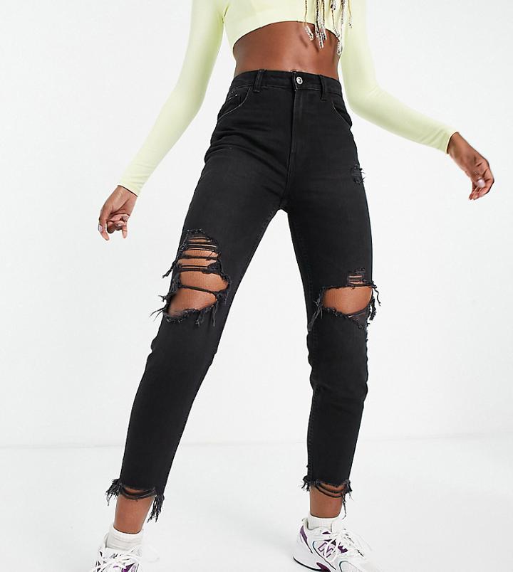 Bershka Organic Cotton Tall Mom Jean With Rips And Distressed Hem In Black