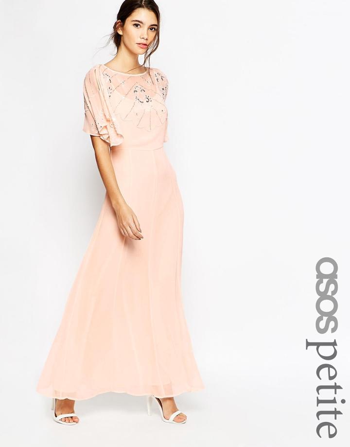 Asos Petite Embellished Flutter Sleeve Maxi Dress - Nude