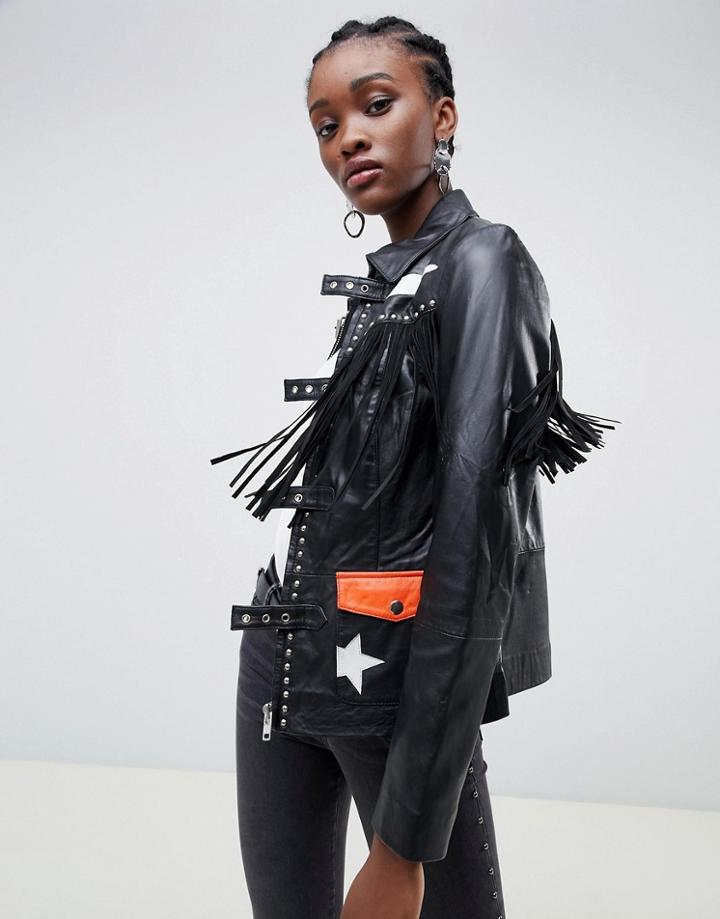 Muubaa Rhodes Fringed Western Leather Biker Jacket-black
