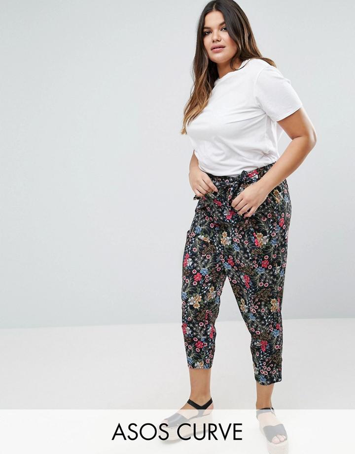 Asos Curve Black Floral Tie Waist Pant - Multi