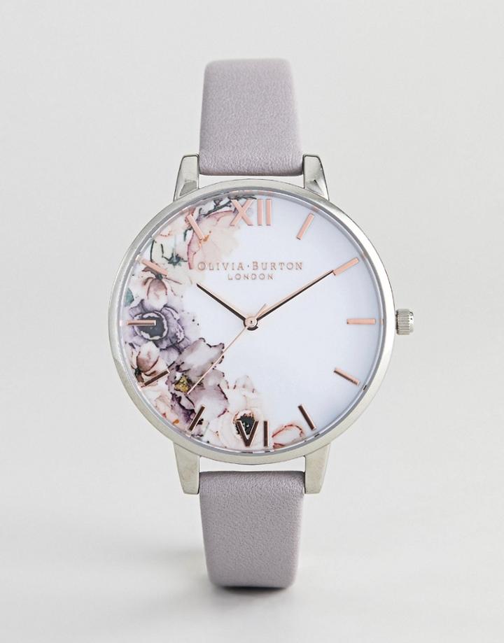 Olivia Burton Ob16pp32 Watercolor Floral Leather Watch In Gray Lilac