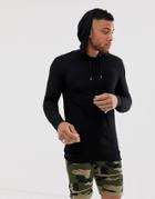 Asos Design Muscle Longline Hoodie With Curved Hem In Black - Black
