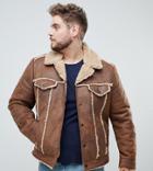 Asos Design Plus Western Faux Shearling Jacket In Brown - Brown