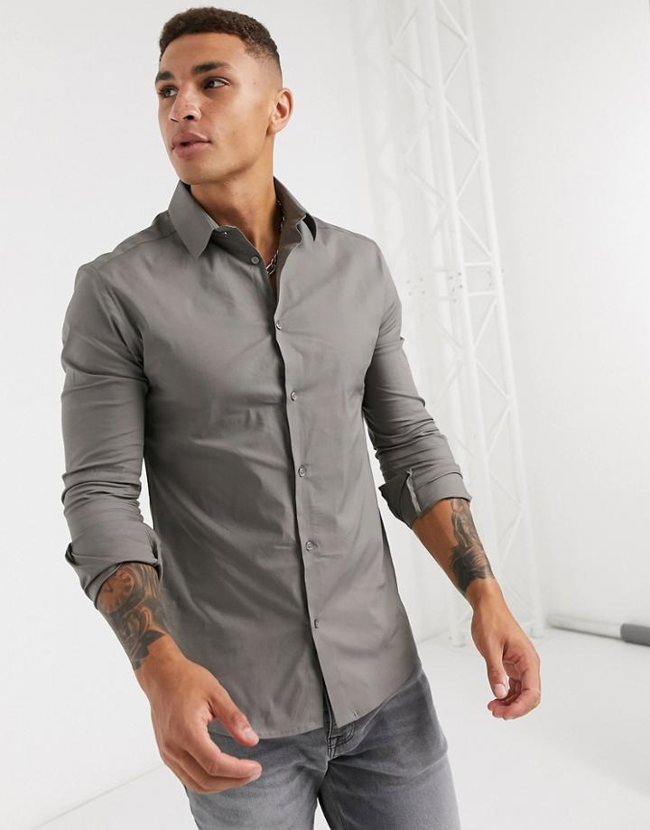 River Island Long Sleeve Muscle Poplin Shirt In White-green