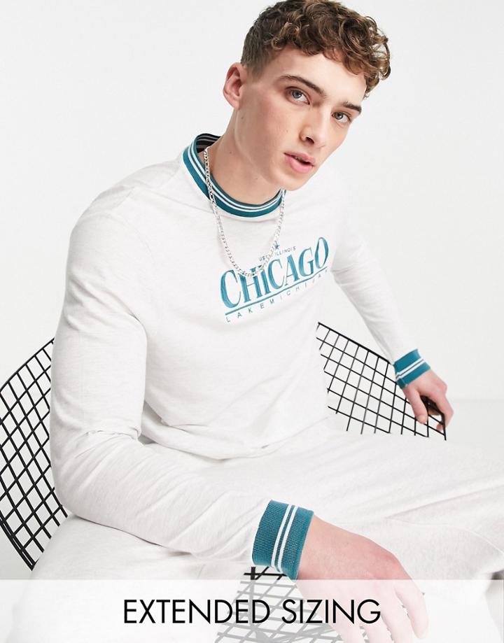 Asos Design Relaxed Long Sleeve T-shirt In White With Chicago City Embroidery & Striped Tipping